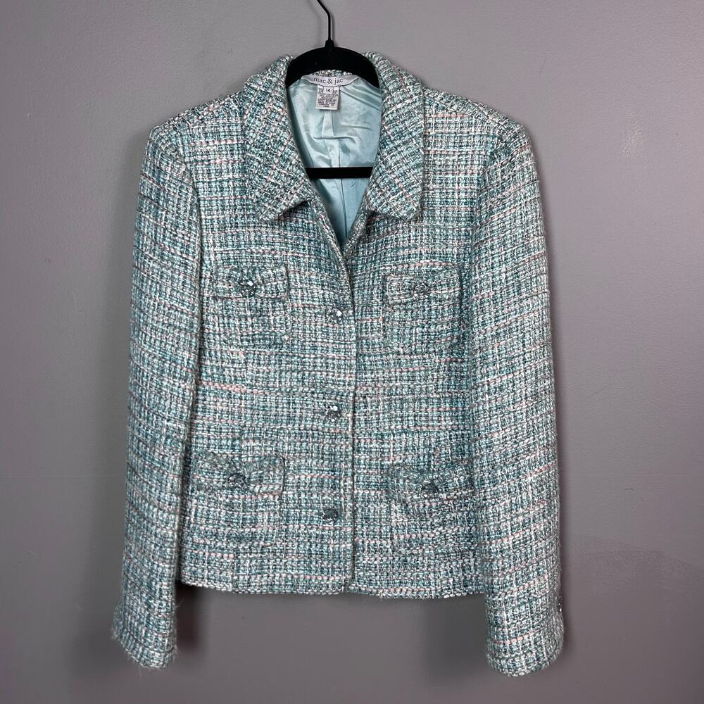 Mac & Jac tweed blazer size 14 pastel green bows cabochon buttons y2k preppy